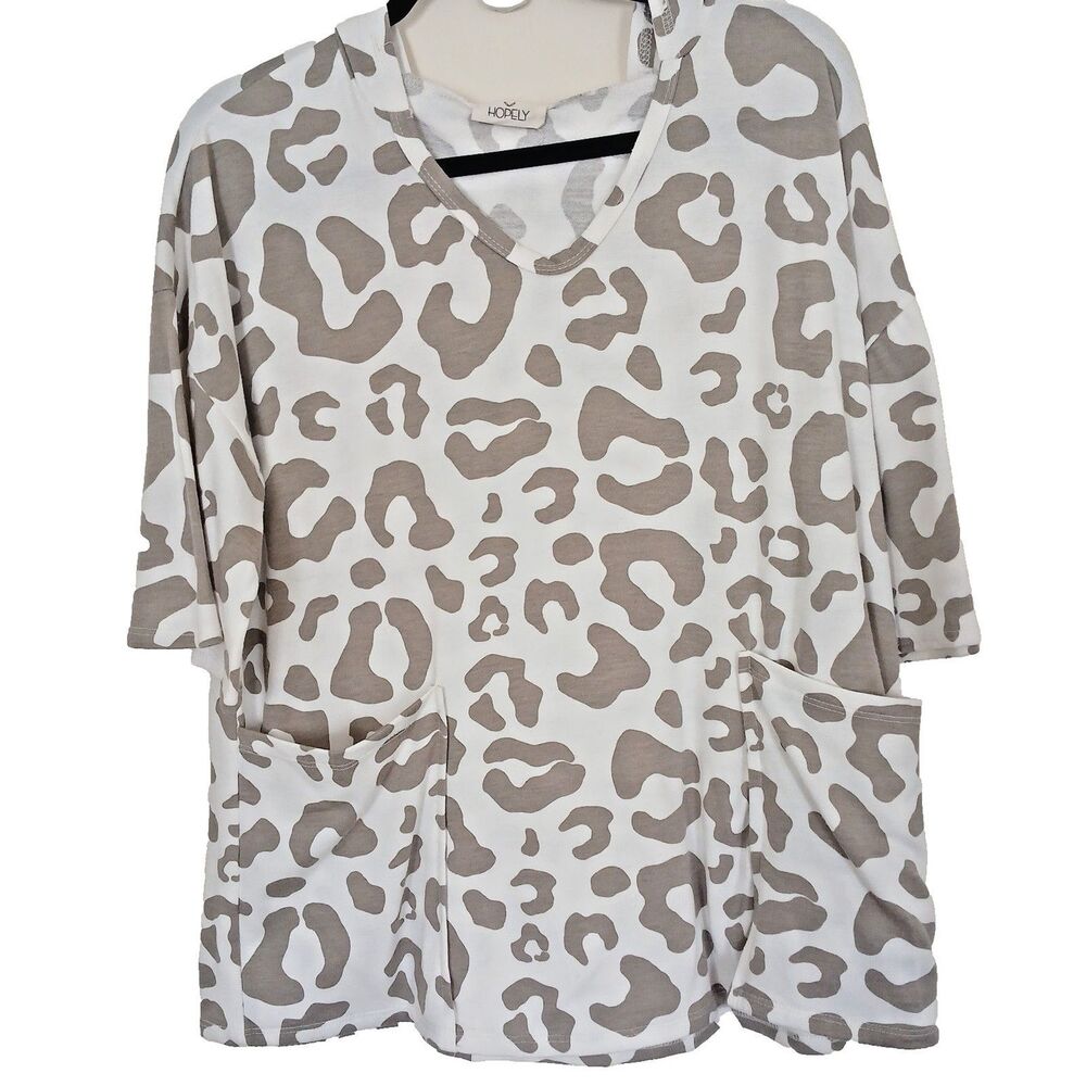 Cow Print V Neck Tunic Blouse 3/4 Sleeve Lagan Look White Large